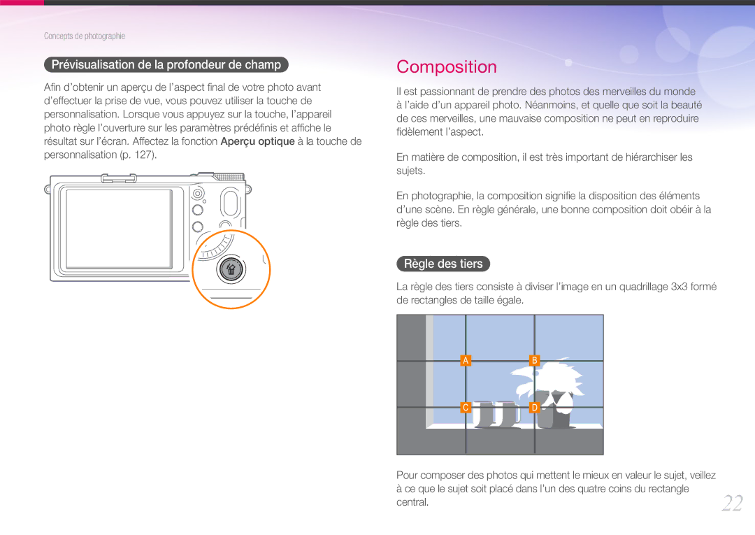 Samsung EV-NX210ZBSBFR manual Prévisualisation de la profondeur de champ, Règle des tiers 