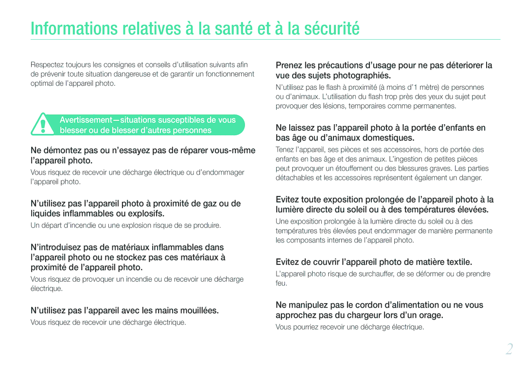 Samsung EV-NX210ZBSBFR manual Informations relatives à la santé et à la sécurité 