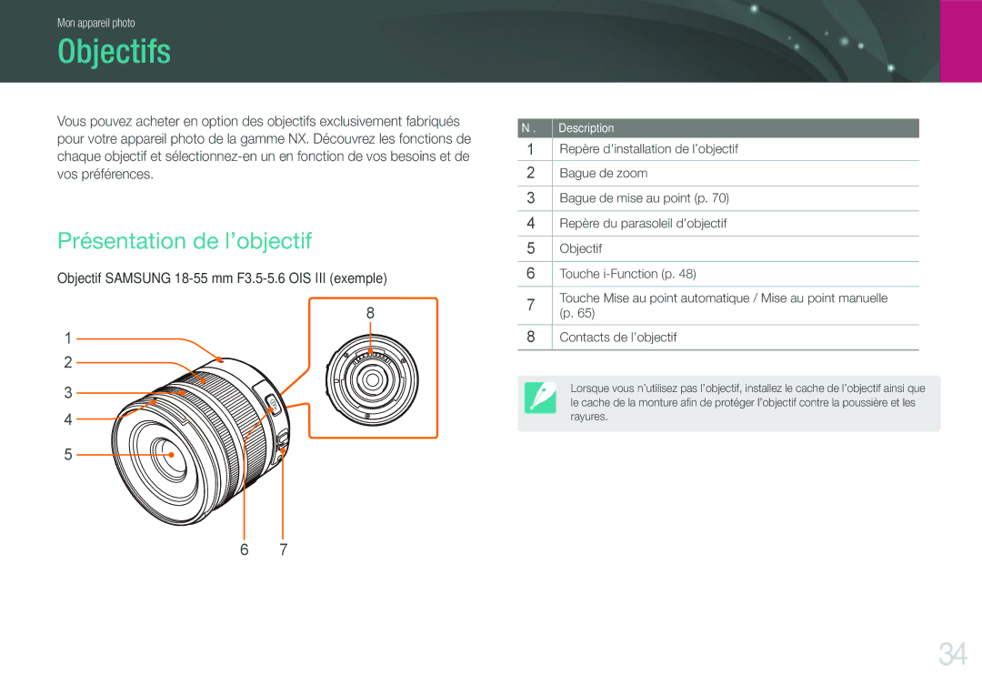 Samsung EV-NX210ZBSBFR manual Objectifs, Présentation de l’objectif 