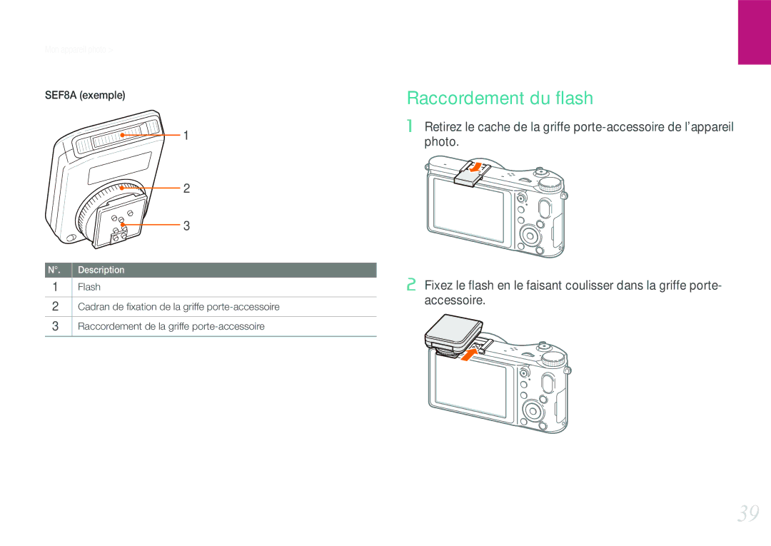 Samsung EV-NX210ZBSBFR manual Raccordement du ﬂash, SEF8A exemple 