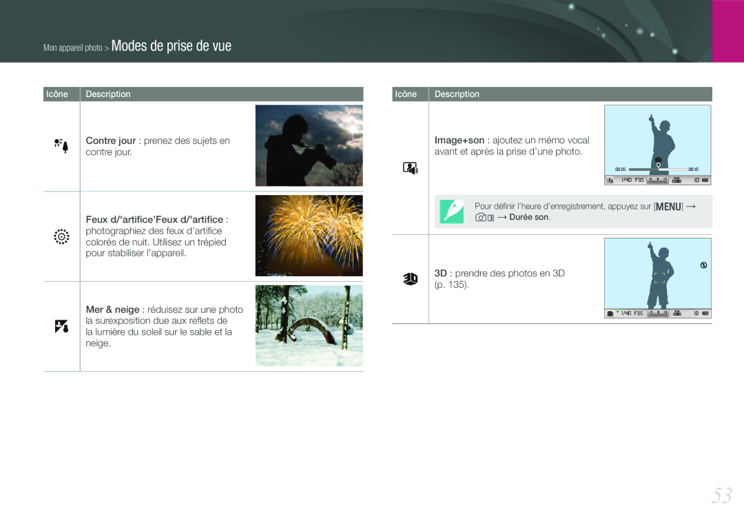 Samsung EV-NX210ZBSBFR manual La lumière du soleil sur le sable et la neige, 3D prendre des photos en 3D p 