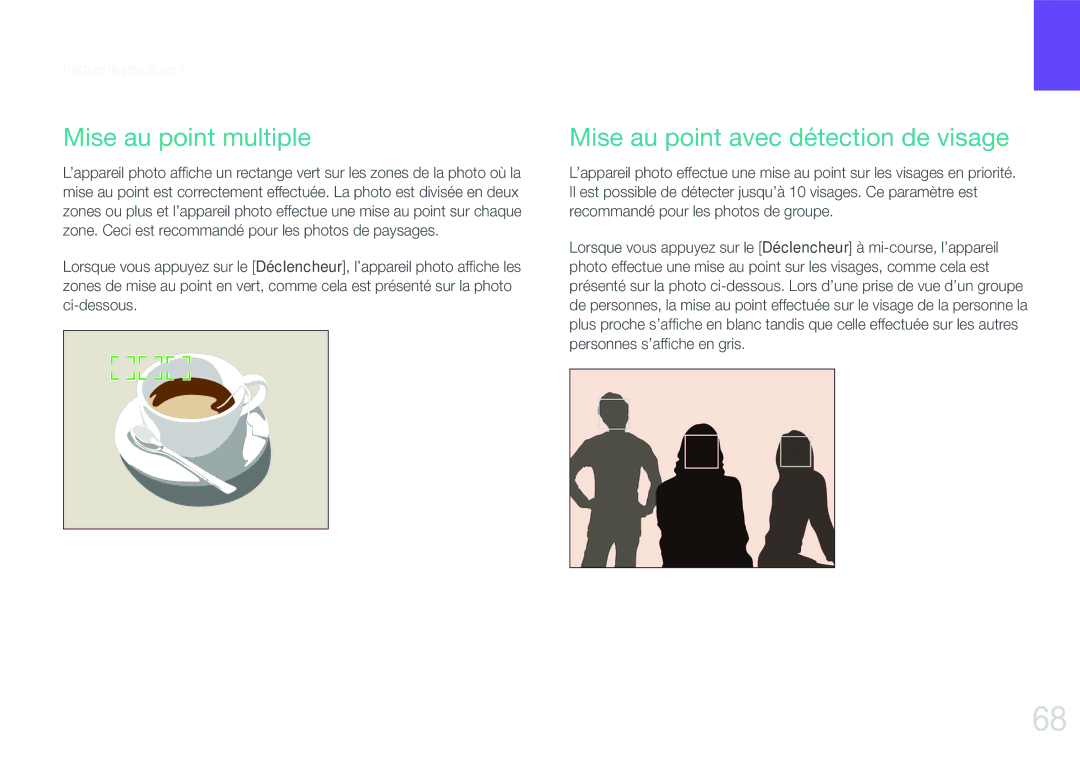 Samsung EV-NX210ZBSBFR manual Mise au point multiple, Mise au point avec détection de visage 