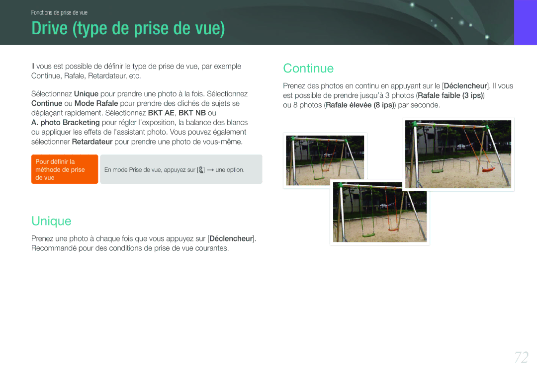 Samsung EV-NX210ZBSBFR manual Drive type de prise de vue, Unique, Continue 