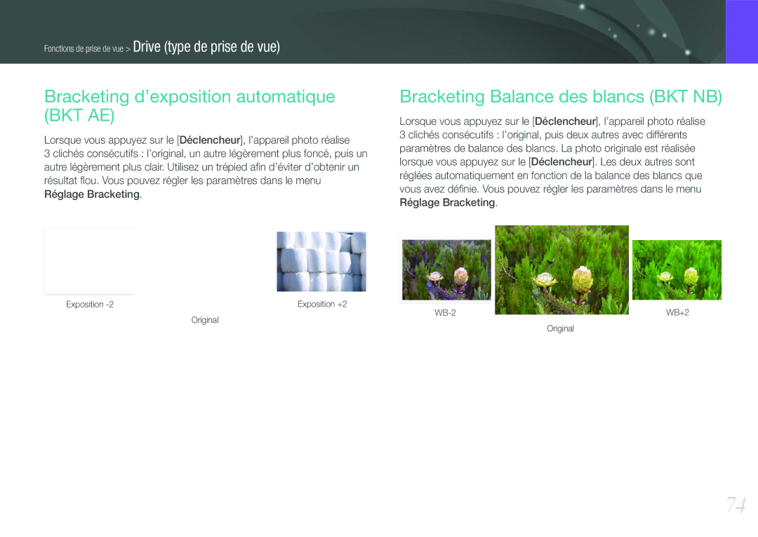 Samsung EV-NX210ZBSBFR manual Bracketing d’exposition automatique BKT AE, Bracketing Balance des blancs BKT NB 