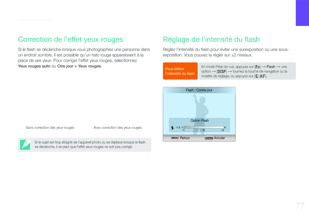 Samsung EV-NX210ZBSBFR manual Correction de l’effet yeux rouges, Réglage de l’intensité du ﬂash 