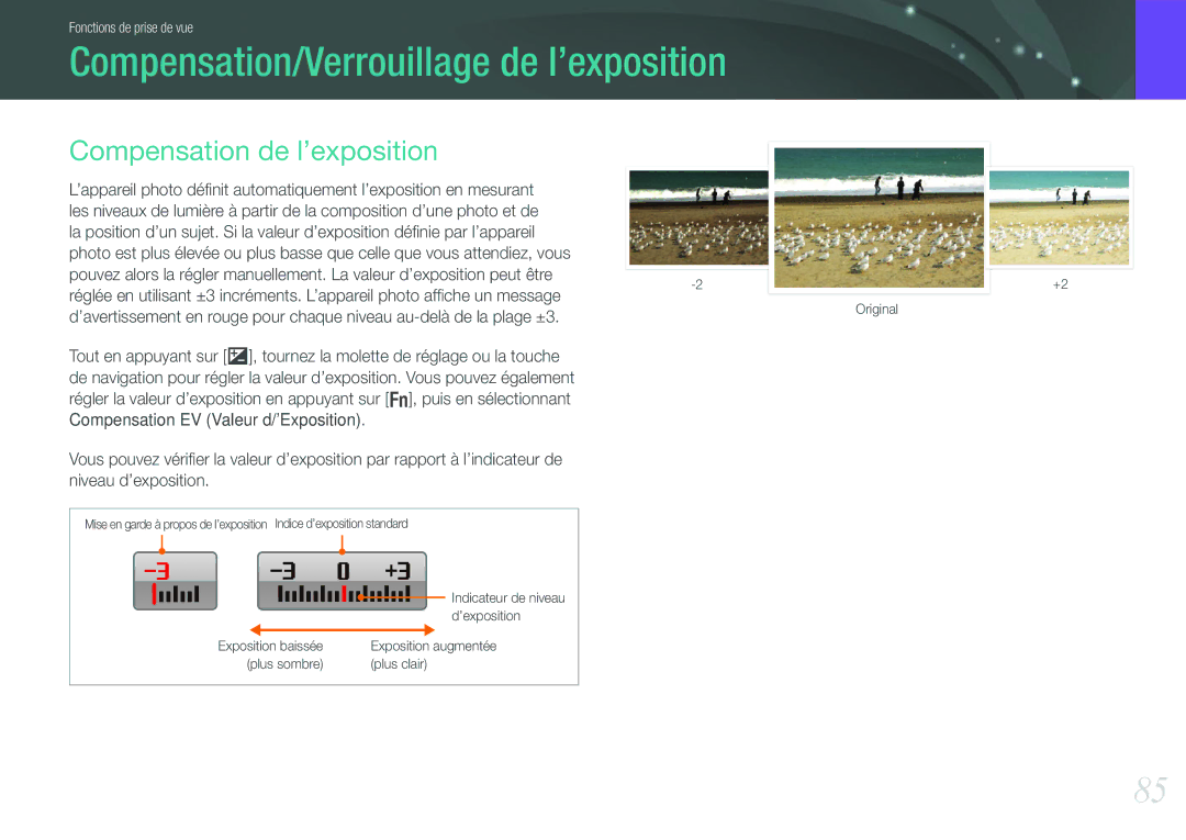 Samsung EV-NX210ZBSBFR manual Compensation/Verrouillage de l’exposition, Compensation de l’exposition 