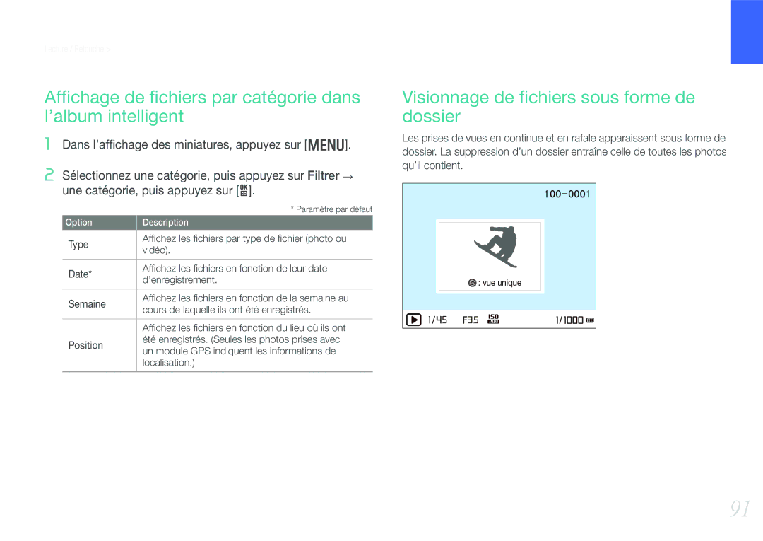 Samsung EV-NX210ZBSBFR manual Afﬁchage de ﬁchiers par catégorie dans l’album intelligent 