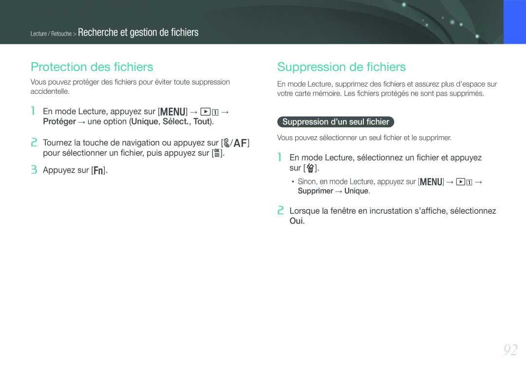 Samsung EV-NX210ZBSBFR manual Protection des ﬁchiers, Suppression de ﬁchiers, Suppression d’un seul ﬁchier 