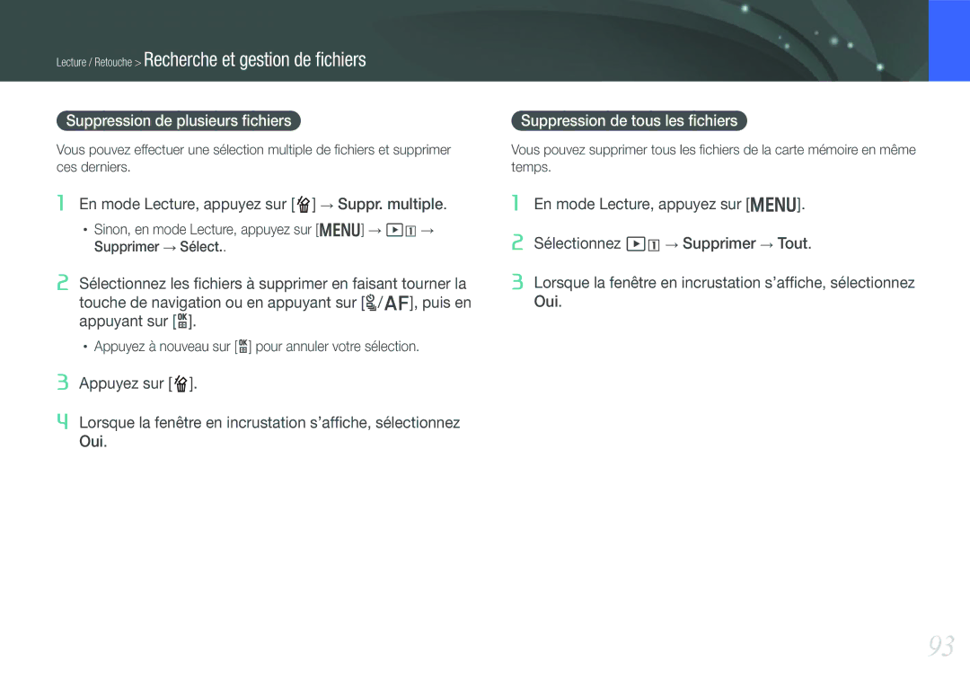 Samsung EV-NX210ZBSBFR manual Suppression de plusieurs ﬁchiers, Suppression de tous les ﬁchiers 