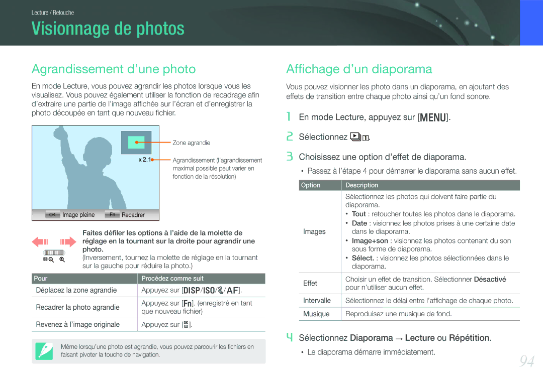 Samsung EV-NX210ZBSBFR manual Visionnage de photos, Agrandissement d’une photo, Afﬁchage d’un diaporama 