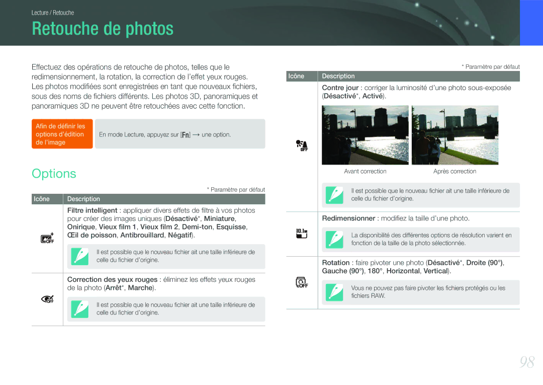 Samsung EV-NX210ZBSBFR manual Retouche de photos, Options 