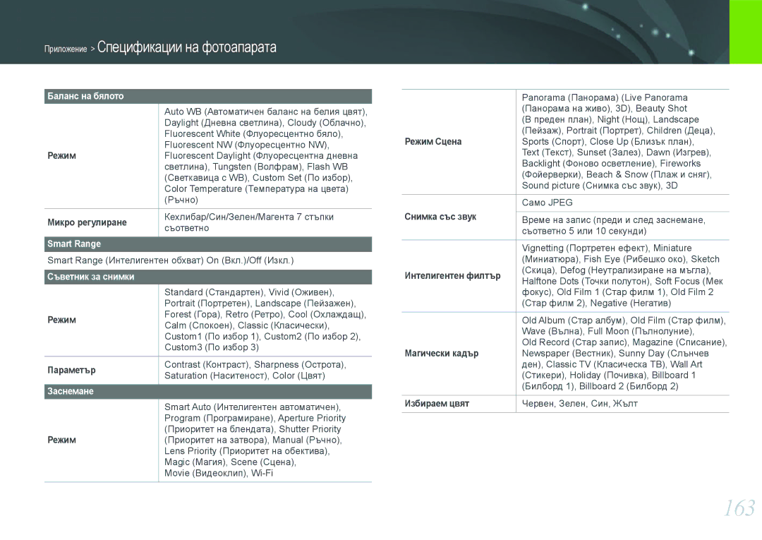 Samsung EV-NX210ZBSBRO manual 163, Баланс на бялото, Smart Range, Съветник за снимки, Заснемане 