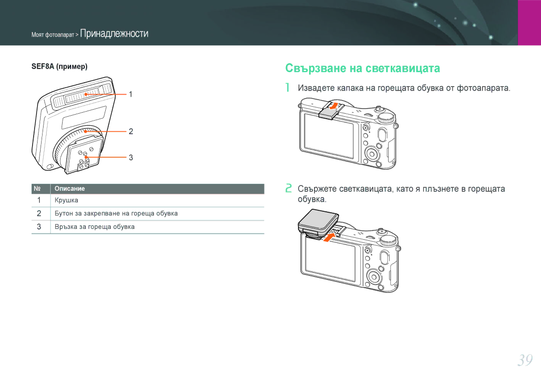 Samsung EV-NX210ZBSBRO manual Свързване на светкавицата, Обувка 