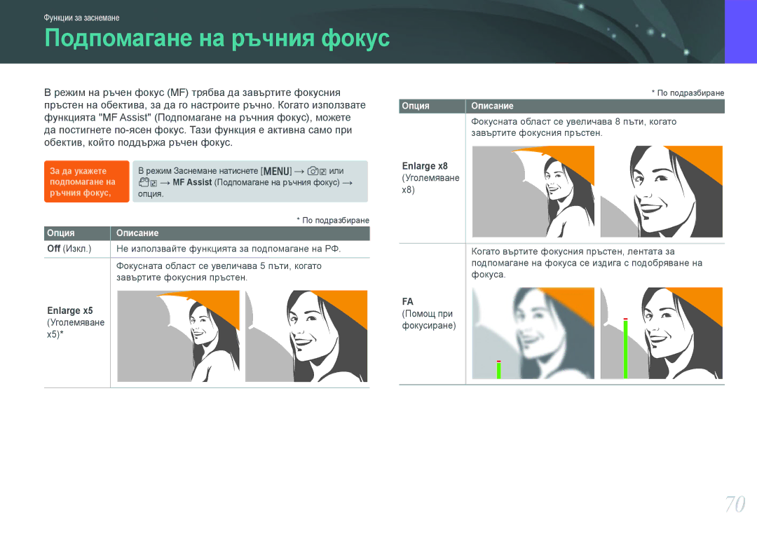 Samsung EV-NX210ZBSBRO manual Off Изкл, Enlarge, Уголемяване, Фокусната област се увеличава 8 пъти, когато 