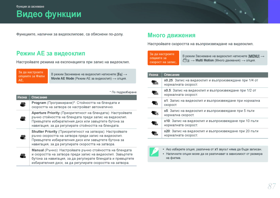 Samsung EV-NX210ZBSBRO manual Видео функции, Режим АЕ за видеоклип, Много движения 