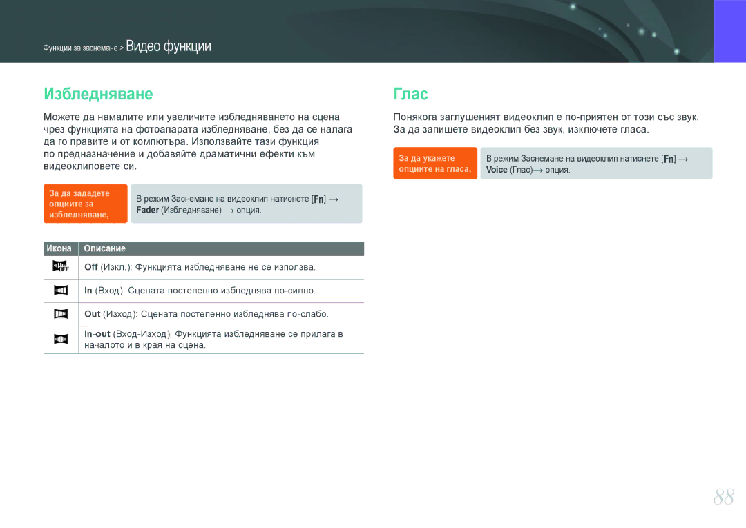 Samsung EV-NX210ZBSBRO manual Избледняване, Глас 