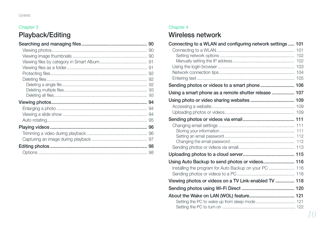 Samsung EV-NX210ZBSBUS user manual Searching and managing ﬁles, 101, 102, 103, 104, 105, 109, 111, 112, 113, 121, 122 