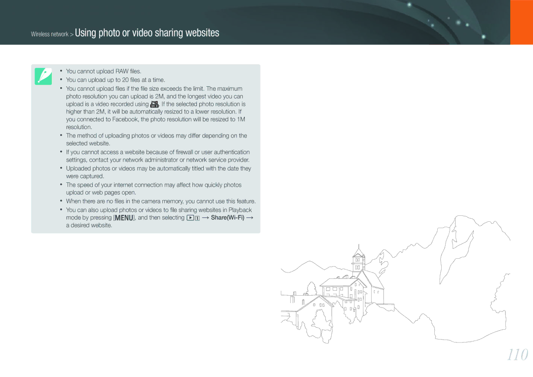 Samsung EV-NX210ZBSBUS, NX210 Kit Black user manual 110, Wireless network Using photo or video sharing websites 