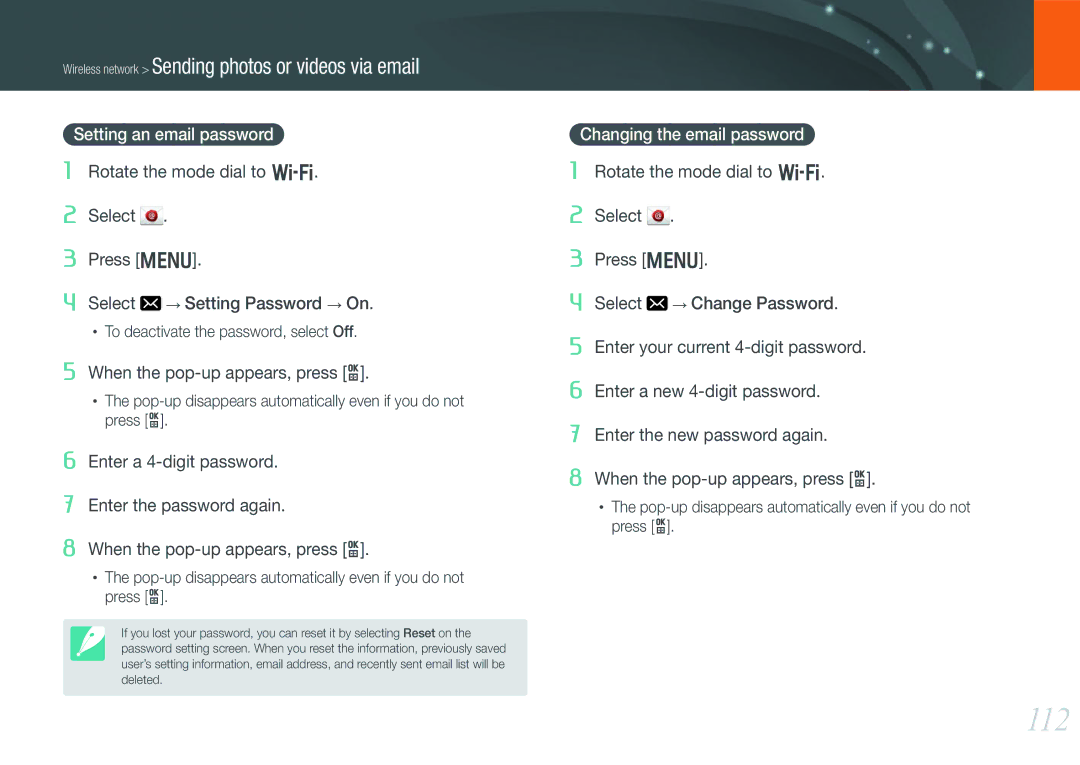 Samsung EV-NX210ZBSBUS, NX210 Kit Black user manual 112, Setting an email password, Changing the email password 