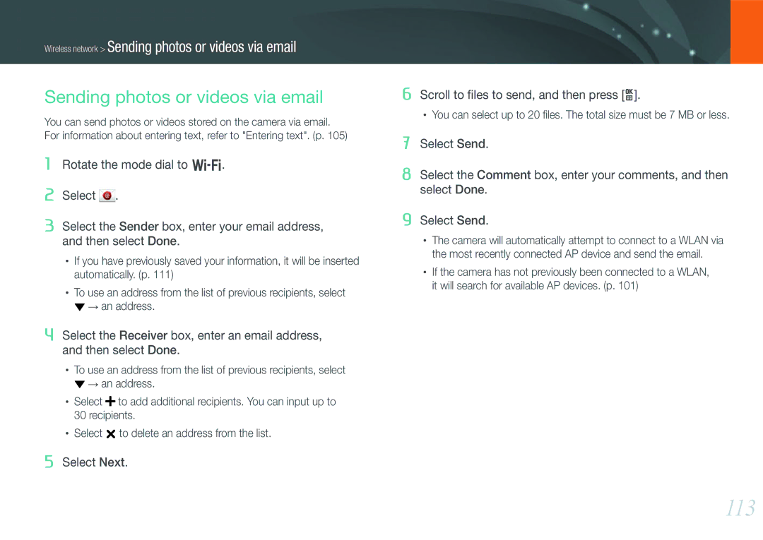 Samsung EV-NX210ZBSBUS, NX210 Kit Black user manual 113, Sending photos or videos via email 