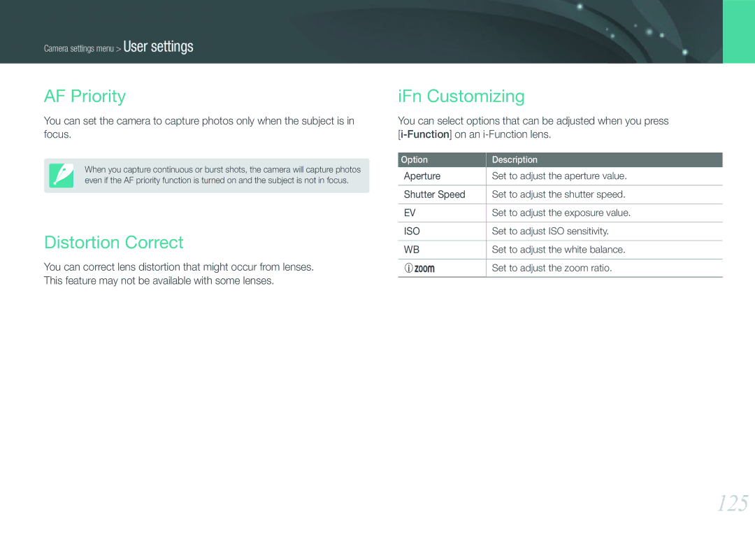 Samsung EV-NX210ZBSBUS, NX210 Kit Black user manual 125, AF Priority, Distortion Correct, IFn Customizing 