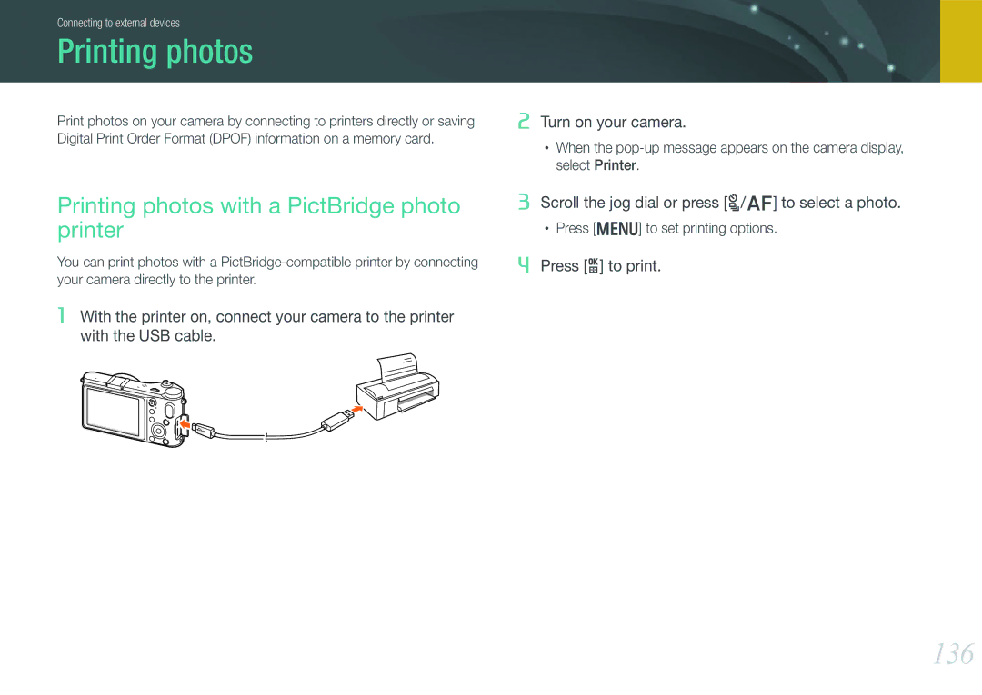 Samsung EV-NX210ZBSBUS, NX210 Kit Black user manual 136, Printing photos with a PictBridge photo printer 