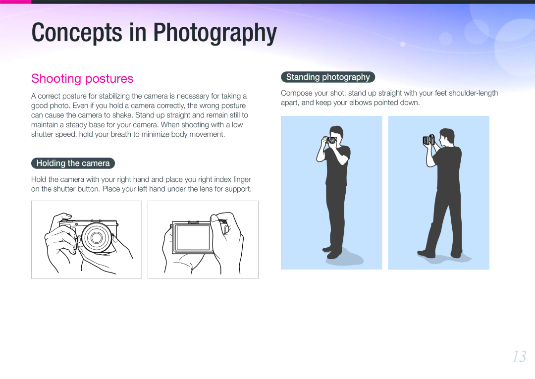 Samsung EV-NX210ZBSBUS, NX210 Kit Black user manual Holding the camera, Standing photography 