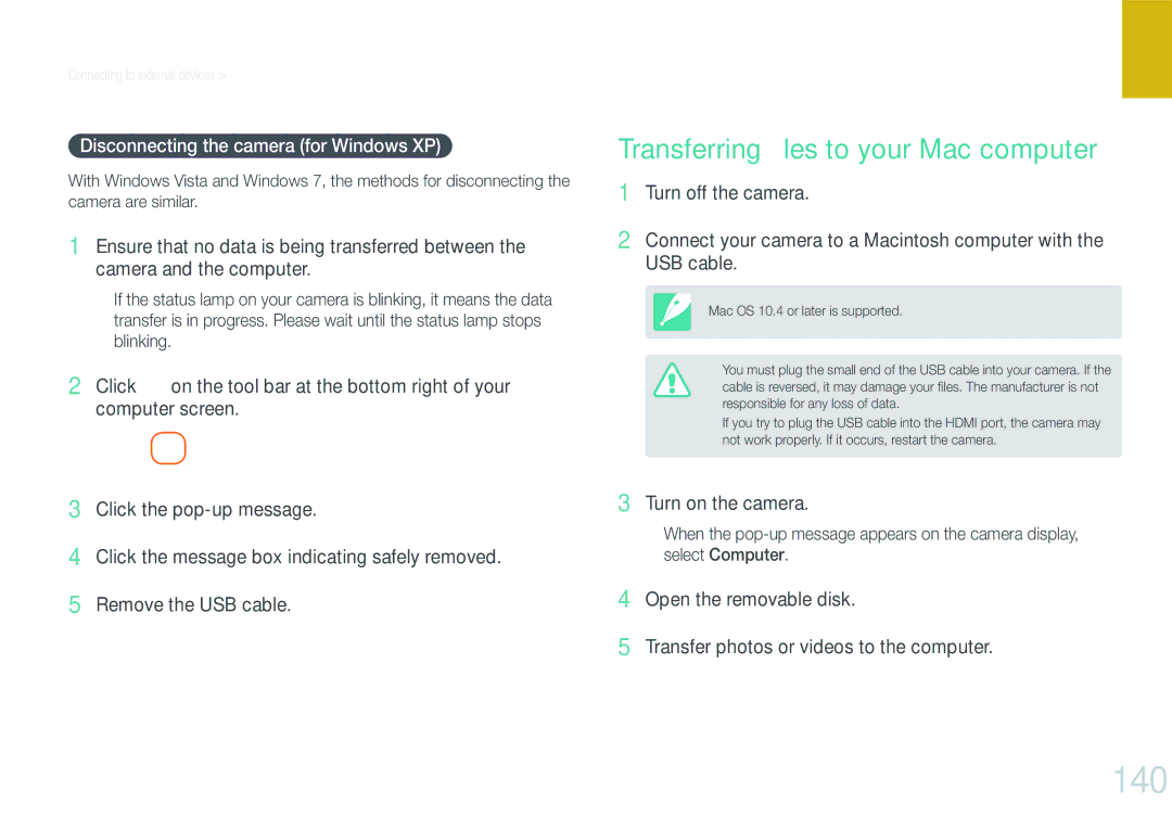 Samsung EV-NX210ZBSBUS user manual 140, Transferring ﬁles to your Mac computer, Disconnecting the camera for Windows XP 