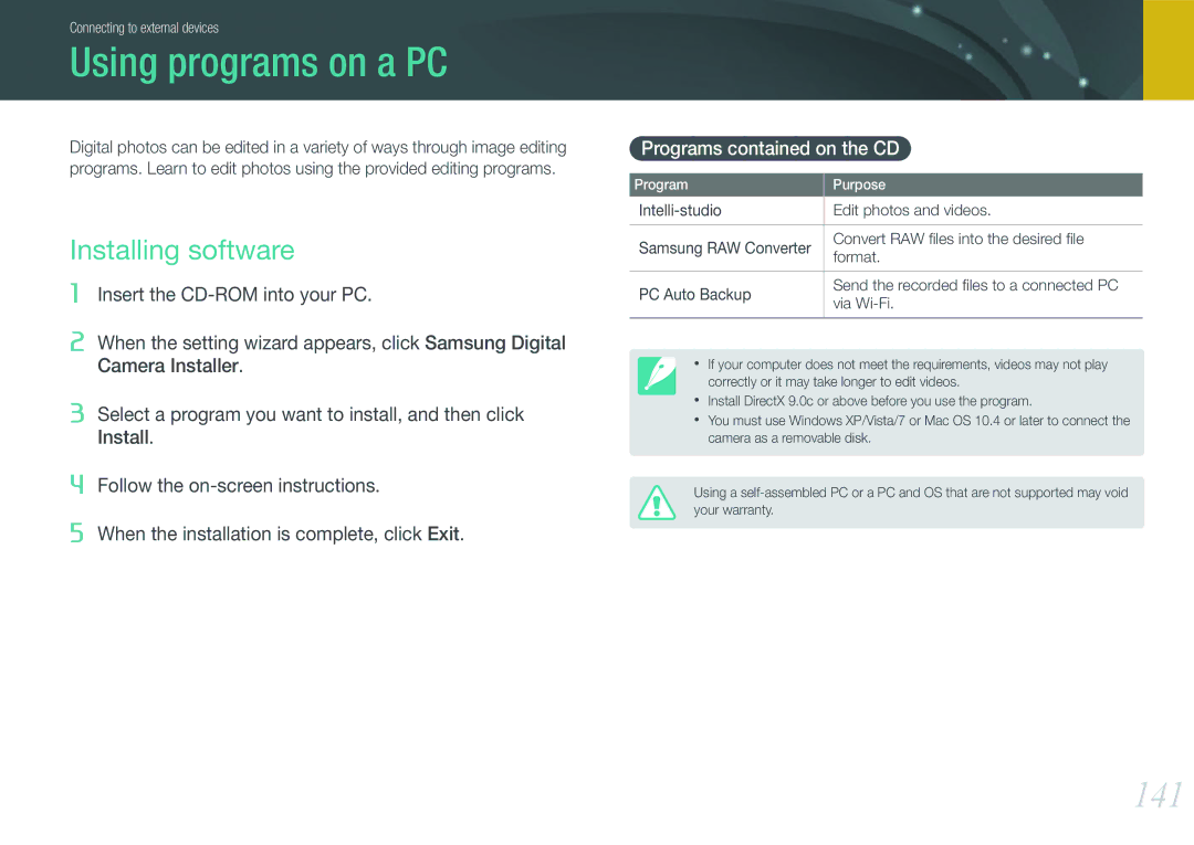 Samsung NX210 Kit Black, EV-NX210ZBSBUS Using programs on a PC, 141, Installing software, Programs contained on the CD 