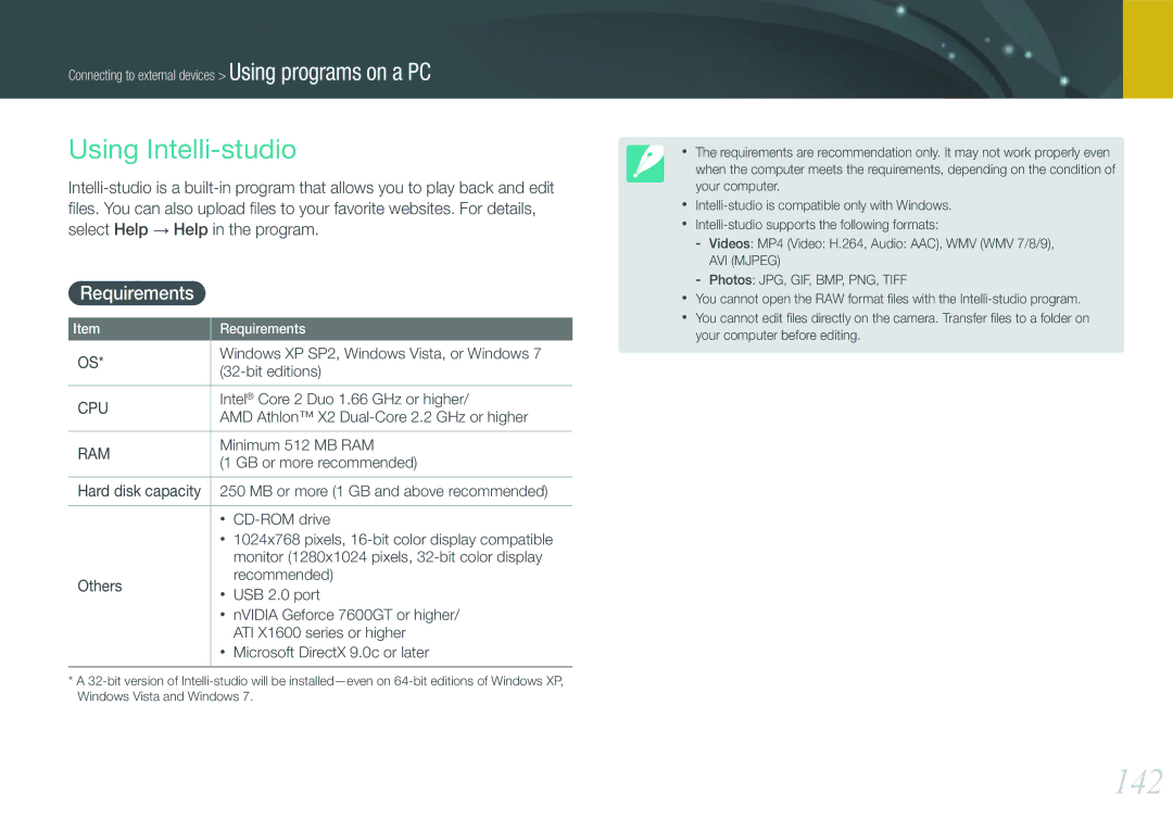 Samsung EV-NX210ZBSBUS, NX210 Kit Black user manual 142, Using Intelli-studio, Requirements 