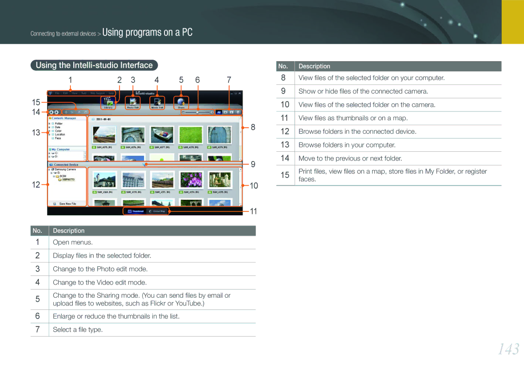 Samsung EV-NX210ZBSBUS, NX210 Kit Black user manual 143, Using the Intelli-studio Interface 