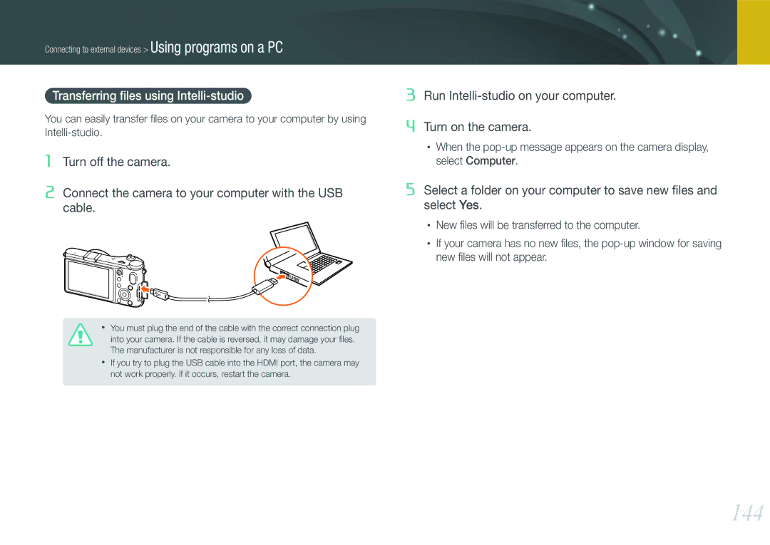 Samsung NX210 Kit Black, EV-NX210ZBSBUS user manual 144, Transferring ﬁles using Intelli-studio 