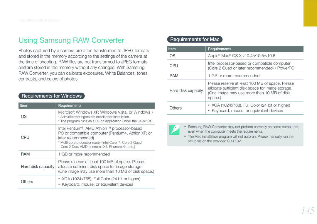 Samsung EV-NX210ZBSBUS user manual 145, Using Samsung RAW Converter, Requirements for Windows, Requirements for Mac 