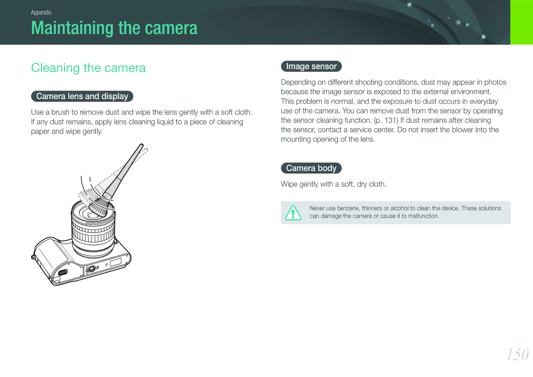 Samsung NX210 Kit Black, EV-NX210ZBSBUS user manual Maintaining the camera, 150, Cleaning the camera 