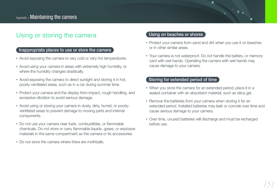 Samsung EV-NX210ZBSBUS user manual 151, Using or storing the camera, Inappropriate places to use or store the camera 