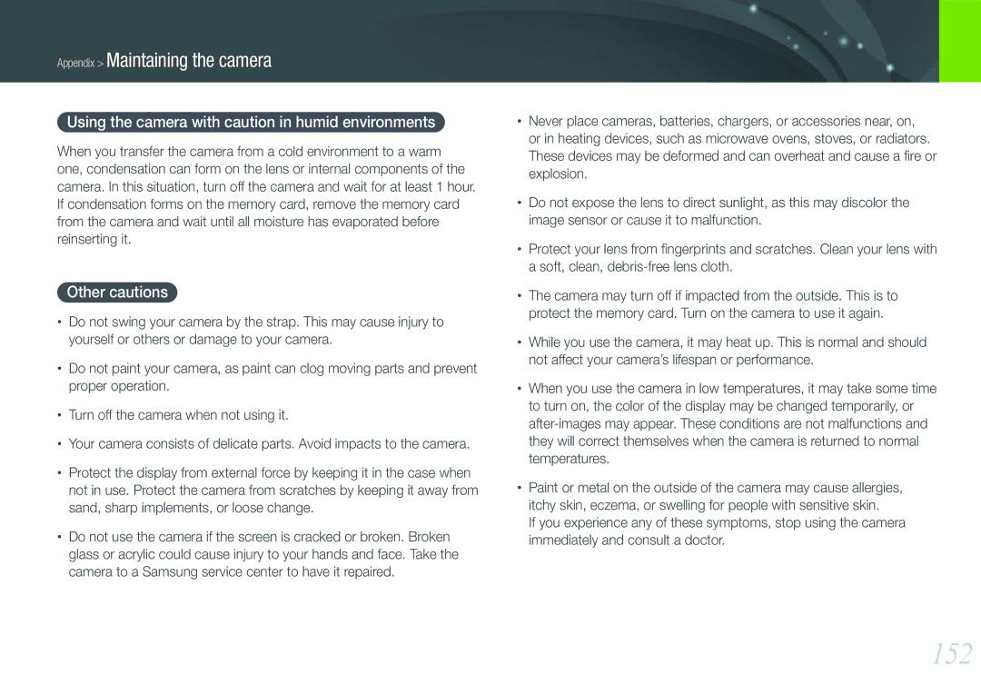 Samsung EV-NX210ZBSBUS, NX210 Kit Black user manual 152, Using the camera with caution in humid environments, Other cautions 