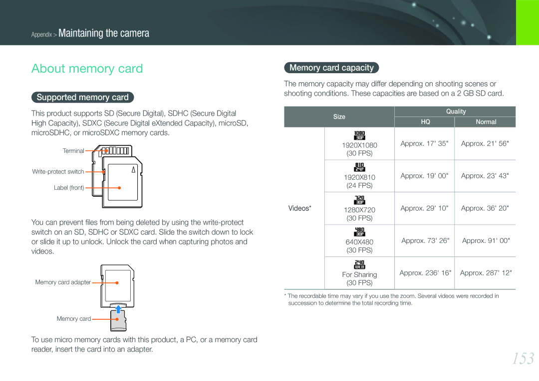 Samsung NX210 Kit Black, EV-NX210ZBSBUS user manual 153, About memory card, Supported memory card, Memory card capacity 