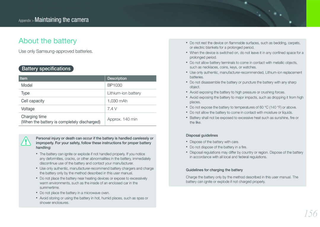 Samsung NX210 Kit Black, EV-NX210ZBSBUS 156, About the battery, Battery speciﬁcations, Use only Samsung-approved batteries 