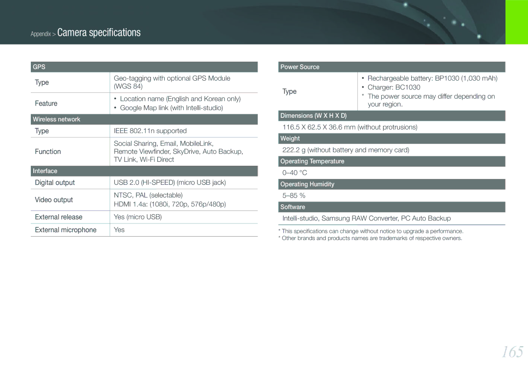 Samsung NX210 Kit Black, EV-NX210ZBSBUS user manual 165 