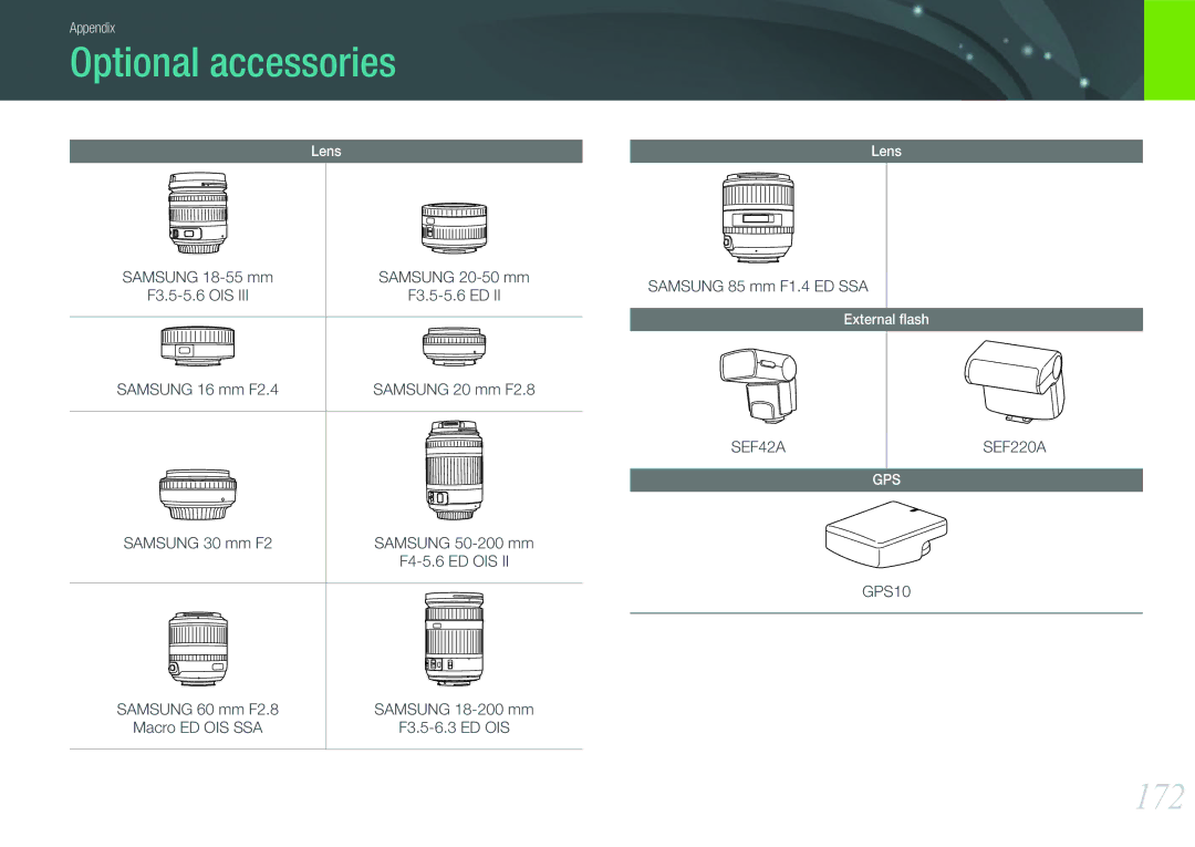 Samsung EV-NX210ZBSBUS Optional accessories, 172, Samsung 16 mm F2.4, Samsung 30 mm F2, Samsung 85 mm F1.4 ED SSA 