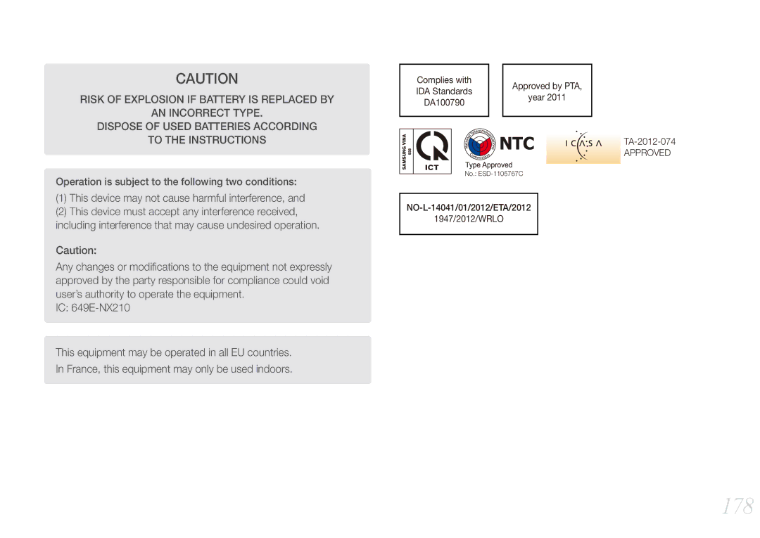 Samsung EV-NX210ZBSBUS, NX210 Kit Black user manual 178, This device may not cause harmful interference 