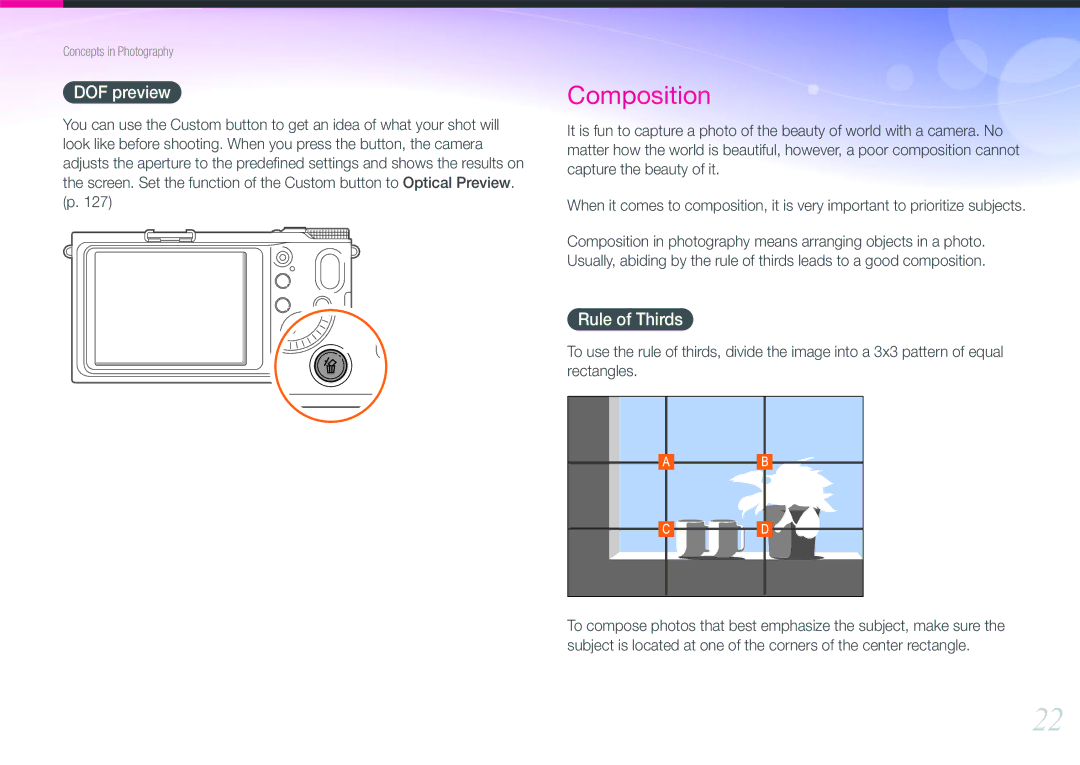 Samsung EV-NX210ZBSBUS, NX210 Kit Black user manual DOF preview, Rule of Thirds 