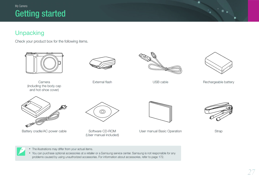 Samsung NX210 Kit Black, EV-NX210ZBSBUS Getting started, Unpacking, Check your product box for the following items 