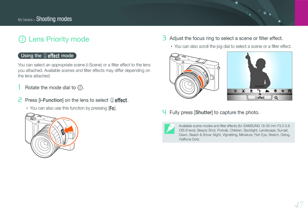 Samsung EV-NX210ZBSBUS, NX210 Kit Black user manual Lens Priority mode, Using the E mode 