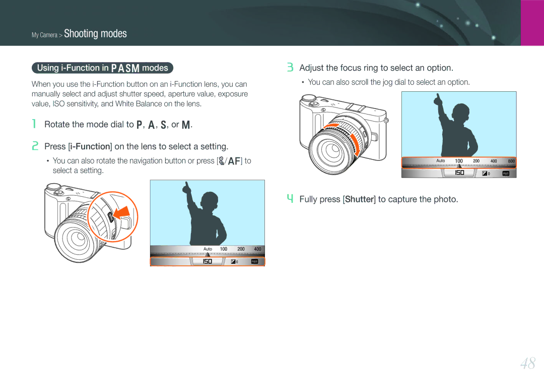 Samsung NX210 Kit Black, EV-NX210ZBSBUS user manual Using i-Function in Pasm modes 