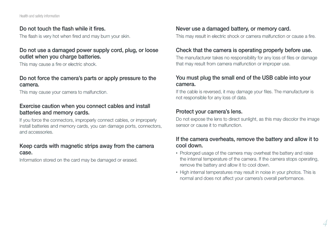 Samsung NX210 user manual Do not touch the ﬂash while it ﬁres, Keep cards with magnetic strips away from the camera case 