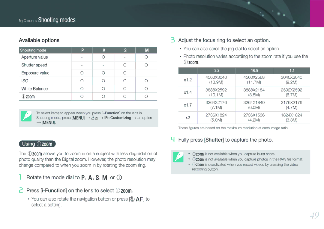 Samsung EV-NX210ZBSBUS, NX210 Kit Black user manual Available options, Using Z 