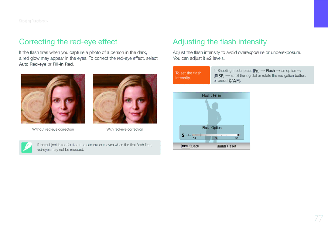 Samsung EV-NX210ZBSBUS, NX210 Kit Black user manual Correcting the red-eye effect, Adjusting the ﬂash intensity 