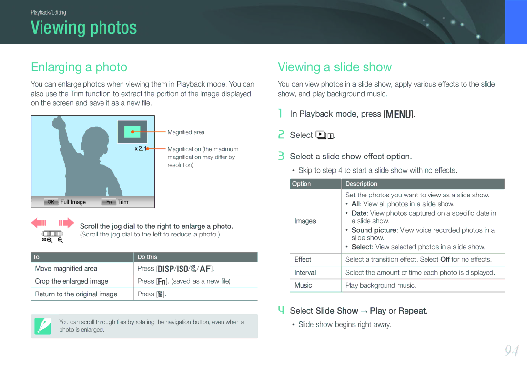 Samsung EV-NX210ZBSBUS, NX210 Kit Black user manual Viewing photos, Enlarging a photo, Viewing a slide show 