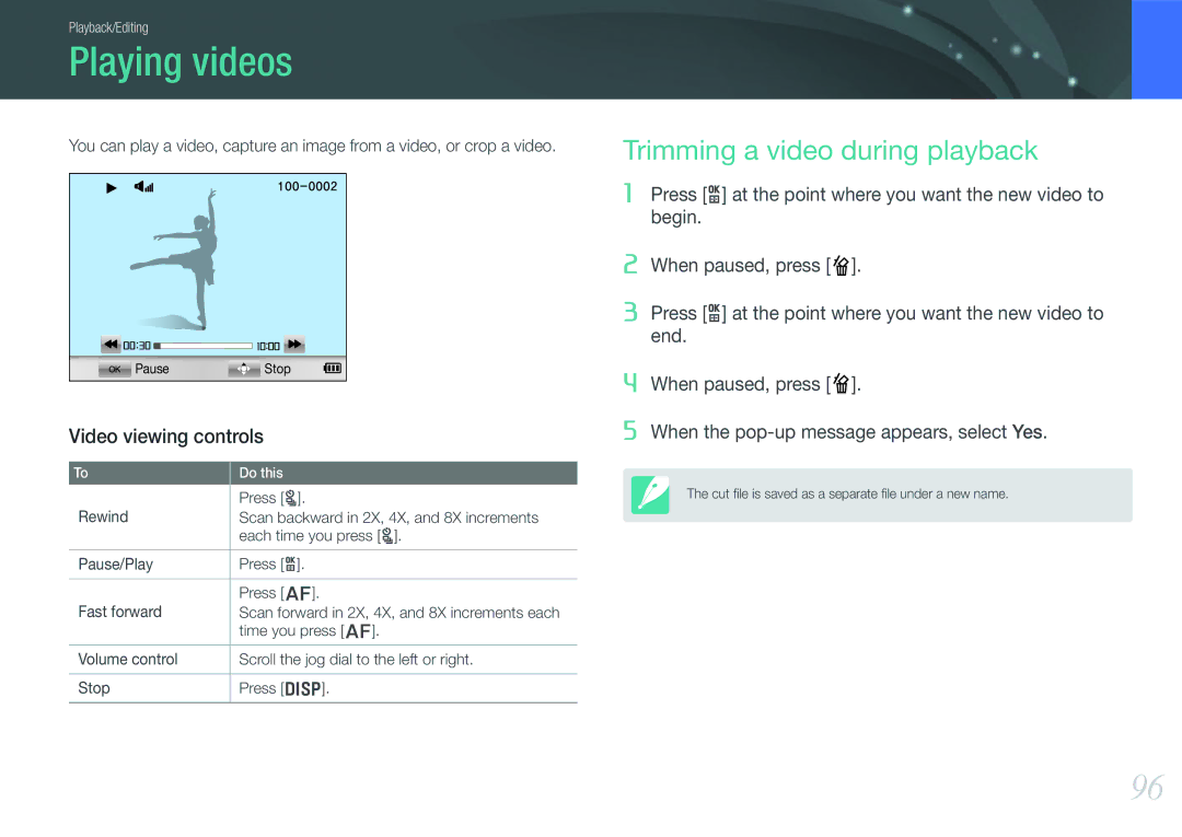 Samsung NX210 Kit Black, EV-NX210ZBSBUS user manual Playing videos, Trimming a video during playback, Video viewing controls 